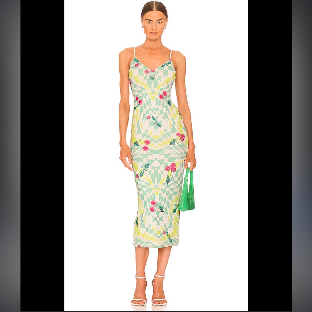 Revolve x AFRM Amina Mint, Pink & Green Cherry Printed Slip Midi Dress